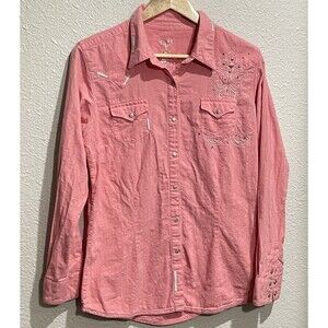Wrangler 47 Pink Western Shirt Long Sleeve Large Cotton Embroidered Metal Button